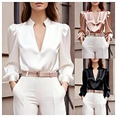 Недорогие Нарядные блузки-женская блузка атласная рубашка однотонная элегантная стильная повседневная с длинным рукавом V-образный вырез обычная топ офисная работа черная белая розовая весна осень