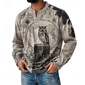 halpa Vintage &amp;amp; Retro-Miesten Kuvitettu Pöllö Henley-paita Pitkähihainen Muoti söpö tyyli Päivittäin Kausaliteetti Pyhäpäivä Bile Syystalvi Kevät Sininen Purppura Khaki Harmaa Henley Henley T-paita