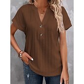 economico T-shirt semplice-Per donna Maglietta Bottoni Semplice Moda Elegante Classico Manica Corta Scollo a V Top Regolari Quotidiano Uscire Weekend Bianco Vino Marrone Estate Primavera