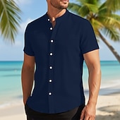 cheap Men's Button Up Shirts-Men's Shirt Summer Shirt Beach Wear Corduroy Shirt Navy Blue Short Sleeve Plain Stand Collar Mandarin Collar Henley Casual Daily Clothing Apparel Fashion Casual Comfortable Smart Casual