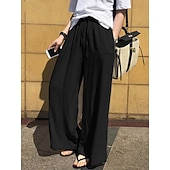 preiswerte Wesentliche Falsche Unterteile-Damen Kunstbaumwollleinen Weites Bein Chinos Sommerhose Urlaub Mode Streetwear Volle Länge Hohe Taille Einfach Tasche Elastischer Bund Bequem Komfort Weich Dehnbar Täglich Outdoor Straße Marineblau