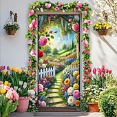 baratos Tampas da porta-Capa para porta com estampa de jardim de rosas, caminho de cerca de estacas com flores em 2D, decoração elegante para entrada de casa, perfeita para porta da frente ou hall de entrada.