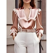 Недорогие Нарядные блузки-женская блузка атласная рубашка однотонная элегантная стильная повседневная с длинным рукавом V-образный вырез обычная топ офисная работа черная белая розовая весна осень