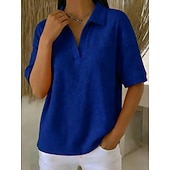  Damskie Podkoszulek Koszulki polo Koszulki Swetry w wafelkowatej dzianinie Równina Moda Elegancki Podstawowy Krótki rękaw Kołnierzyk koszuli Zwykłe topy Codzienny Wyjściowe Weekend Niebieski Czarny