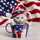  8 stk. patriotiske ornamenter til 4. juli, søt kattunge i tekopp hengende dekorasjon, uavhengighetsdagen rød hvit blå amerikansk flagg klatretre dekor til hjemmefest, minnedagsgaver til katteelskere