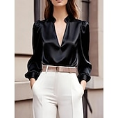 Недорогие Нарядные блузки-женская блузка атласная рубашка однотонная элегантная стильная повседневная с длинным рукавом V-образный вырез обычная топ офисная работа черная белая розовая весна осень