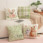 voordelige Decoratieve kussenslopen-Set van 4 paasbloemen kussenhoezen met konijntjesmotief, linnen sierkussenhoezen, lente decoratieve bankkussenhoezen