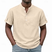 cheap Men's Popover Shirts-Men's Shirt Popover Shirt Casual Shirt Button Up Shirt Light Pink Black Yellow Light Green Pink Short Sleeve Plain Grandad Collar Casual Daily Clothing Apparel Elegant Fashion Casual