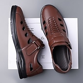 baratos Sandálias de Férias-Sapatos casuais masculinos marrons com fivela e recortes, confortáveis para caminhada, ideais para uso diário, viagens, dirigir, escritório, looks casuais de negócios, fins de semana e estilo elegante.