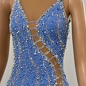 abordables Figure Skating Dresses-Figure Skating Dress Women's Ice Skating Dress Blue Patchwork Asymmetric Hem Stretchy Training Competition Skating Wear Classic Crystal / Rhinestone Sleeveless Ice Skating Figure Skating