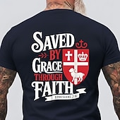 abordables T-shirts de foi-T-shirt religieux chrétien à manches courtes, coupe standard, idéal pour un homme, avec le message « Sauvés par la grâce au moyen de la foi » (Éphésiens 2:8). Motif : bouclier rouge, croix, couronne,