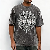  Herren-T-Shirt mit Wolfskopf- und Wikingerschild-Emblem im Acid-Wash-Vintage-Streetwear-Stil, Kurzarm, Rundhalsausschnitt, lässige Alltagskleidung, Designer-Bekleidung, Größen: S, M, L, XL, XXL, XXXL