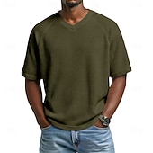 cheap Waffle Knit Tee-Men's Waffle T-shirt T Shirt Short Sleeve Shirt Tee Top Short Sleeve V Neck Summer Spring Solid Color Vintage Streetwear Stylish Raglan Sleeves Daily Outdoor Vacation Blue Army Green Dark Blue Top