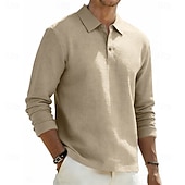 cheap Men's Classic Polo-Men's Linen Shirt Polo Shirts Casual Street Lapel Long Sleeve Basic Modern Plain Buttons Spring Fall Regular Fit Black White Navy Blue Khaki Dark Grey Army Green Linen Shirt