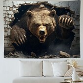 お買い得  タペストリー 壁掛け-3D Realistic Grizzly Bear Wall Tapestry Fierce Wild Animal Breaking Through Wall Art Hanging Man Cave Decor Boys Room Game Room Backdrop Gift for Men