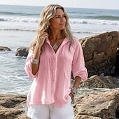 abordables Camisas-Camisa de mujer color liso elegante casual manga larga cuello regular tops diario vacaciones botones azul blanco amarillo rosa verano primavera
