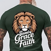  Herren-T-Shirt mit Löwenkopf-Motiv „Errettung durch Gnade und Glauben“ (Epheser 2,8). Christliches, religiöses und inspirierendes Motiv. Normale Passform. Alltagstauglich. Designer-Kleidung. Größen: