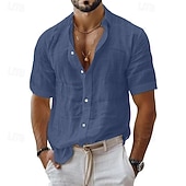 economico Camicie di lino-Per uomo Camicia Camicia di lino Camicia casual Camicia con Bottoni Camicia di cotone Semplice Spiaggia Vacanza Blu Nero Bianco Rosa Manica Corta Collo ripiegato Estate Abbigliamento