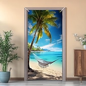 cheap Garage &amp; Door Banners-Scenic Coastal Sea View Sailboat Yacht on Turquoise Water with Rocky Cliff and White Flowers Beach Door Banner Cover Wall Tapestry for Home Interior Wall Decoration Front Door Entryway