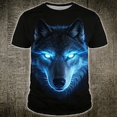 economico Magliette con stampa animale-Maglietta da uomo con occhi luminosi al neon, volto di lupo alfa, stile cyberpunk fantasy, stampa all-over, vestibilità regolare, maniche corte, girocollo, abbigliamento casual streetwear, taglie S,