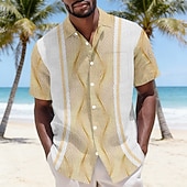 cheap Geometric Pattern-Men's Geometric Waves Button Up Shirt Crinkle Shirt Seersucker Shirt Short Sleeve Fashion Casual Daily Beach Vacation Wear Summer Spring Turndown 3D Print Bubble Textured Shirt Soft Blue Yellow