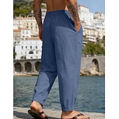 baratos Feriado-Homens Calças de linho Calça verão Calças de praia Com Cordão Bolsos Tecido Confortável Respirável Comprimento total Diário Casa Ao ar livre Férias Simples Preto Branco Sem Elasticidade
