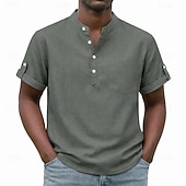 cheap Men's Popover Shirts-Men's Shirt Popover Shirt Casual Shirt Button Up Shirt Light Pink Black Yellow Light Green Pink Short Sleeve Plain Grandad Collar Casual Daily Clothing Apparel Elegant Fashion Casual