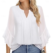 ieftine Bluze simple-Pentru femei Cămașă Cămașă de vară Cămașă casual Topuri din șifon Tunică Nasturi Culoare solidă Simplu Elegant Vacanță Modă Lungime Manșon 3/4 Stil Nautic Topuri obișnuite Zilnic Concediu Ieșire Alb