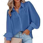 baratos Blusas Simples-Mulheres Camisa Social Camisa casual camisa de botão Blusa Franzido Botões Côr Sólida Tecido Elegante Férias Moda Manga Longa Manga lanterna Aberto para a Lateral Tops regulares Diário Praia Feriado