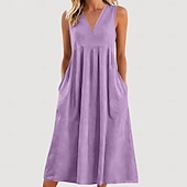 economico Abiti Falsi Essenziali-Per donna Normale Abito lungo maxi Finto cotone e lino Abito a Tubino Vestito Estivo Elegante Tropicale Festa Senza maniche Casa Lavoro Feste Vestibilità regolare Tinta unica Senza Maniche Scollo a V