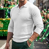cheap St. Patrick's Day-Men's Rib Knit Top Textured Casual Street Lapel Long Sleeve Basic Modern Plain Buttons Spring Fall All Seasons Regular Fit Blue White Navy Blue Gray Rib Knit Top