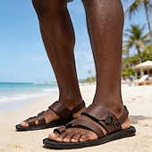 economico Infradito da Vacanza-Sandali da uomo marroni con cinturini, a punta aperta, comodi e casual, scarpe da spiaggia leggere, calzature estive per vacanze, viaggi al mare, abbigliamento da resort, tempo libero all'aperto, passeggiate e stile rilassato di tutti i giorni.