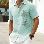 baratos Plantas Tropicais-Homens Coqueiro Plantas Tropicais Camisa havaiana camisa de botão Camiseta Aloha Manga Curta Havaiana Férias Feriado Roupa de Praia Verão Primavera Aberto para a Lateral Impressão 3D Camisa tipo linho