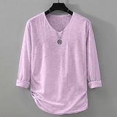 お買い得  コットンリネンTシャツ-男性用 ティートップ リネンTシャツ 長袖 Ｖネック 夏 春 純色 平織り 日常 カジュアル ストリートスタイル 平織り カジュアル アウトドア ストリート ホワイト メンズトップTシャツ
