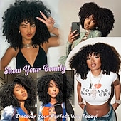 Недорогие Парик из искусственных волос без шапочки-основы-Кудрявые афро-парики для чернокожих женщин, афро-парик с челкой, без клея, пышный и объемный, как бомба, подходит для повседневной носки и работы, черный цвет