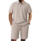 billige Basic Tees-sett for menn-Herre Polo T-skjorte drakter Joggedress Shorts og T-skjorte sett Kortermet Kort Erme Aftæpning Sommer Fargeblokk Gymnastik Fritid Jacquard Glidelås 2 deler Avslappet Feriereise Dagligdagstøy Svart