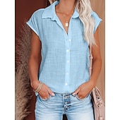 cheap Plain Blouses-Women's Blouse Cotton Shirt Buttons Solid Color Vintage Daily Stylish Short Sleeve Shirt Collar Regular Tops Daily Blue Black White Pink Wine Summer Spring