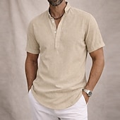 economico Classico-Per uomo Camicia Camicia di lino Camicia popover Camicia Estiva Abbigliamento da spiaggia Camicia con colletto alla coreana Semplice Casuale Quotidiano Blu Nero Bianco Giallo Manica Corta Collo alla