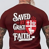 abordables T-shirts de foi-T-shirt religieux chrétien à manches courtes, coupe standard, idéal pour un homme, avec le message « Sauvés par la grâce au moyen de la foi » (Éphésiens 2:8). Motif : bouclier rouge, croix, couronne,