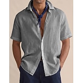 cheap Classic-Men's Shirt Linen Shirt Button Up Shirt Solid Color Vacation Street Black White Yellow Light Green Short Sleeve Shirt Collar Summer Spring Clothing Apparel Buttons