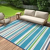 billige Områdeteppene-vanntett utendørsteppe 1,5 x 2,4 m, vendbart plastteppe, moderne teppe, stor gulvmatte for utendørs bruk, bobil, terrasse, bakgård, dekk, piknik, strand, camping, blå &amp;grønn