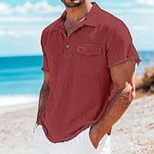 billiga Bomull och linne T-shirts-Herr T-tröja Linne T-shirt Kort ärm Polokrage Sommar Slät Mode Designer Grundläggande Ficka Mjukt Rå kant Strand Semester Ledigt / vardag Blå Vit Rodnande Rosa Topp t-shirt för män