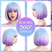 cheap Party Wigs-Blue Purple Ombre Bob Wig with Bangs, Colorful Short Funny Bob Wigs Cosplay Hairpieces for Halloween Costume Party Heat Temperature Synthetic Fiber for Women Men