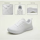 billige Sneakers til kvinner-hvite strikkede tursko til dame – lette, pustende og komfortable snøresko for daglig bruk