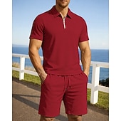 cheap Tracksuits-Men's Tracksuit Jogging Suit Workout Suits Drawstring 2 Piece Solid Colored Athletic Clothing Set Summer Spring Black Red Gym Workout Jogging Running Moisture Wicking Breathable Short Sleeve Sport