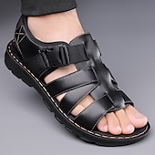ieftine Sandale de vacanță-Sandale bărbătești din piele maro, model pescar, cu vârful închis și croială deschisă, pantofi de mers casual cu cataramă reglabilă, pentru purtare zilnică, călătorii, timp liber în aer liber, vacanțe de vară și confort smart casual