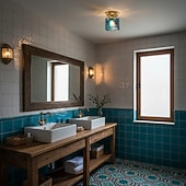 baratos Montagem Embutida &amp; Montagem Semi Embutida-Luminária de teto retrô com vitral azul cilíndrico em vidro com padrão de água, ideal para ilha de cozinha. Luminária de teto vintage ajustável em latão.