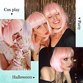 billiga Syntetiska peruker utan hätta-Ljusrosa bobperuker med lugg (kan trimmas) raka korta peruker för kvinnor syntetisk rosa peruk för cosplay-kvinnor
