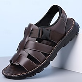 ieftine Sandale de vacanță-Sandale bărbătești din piele maro, model pescar, cu vârful închis și croială deschisă, pantofi de mers casual cu cataramă reglabilă, pentru purtare zilnică, călătorii, timp liber în aer liber, vacanțe de vară și confort smart casual