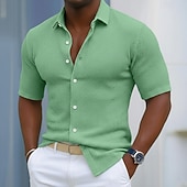  Voor heren Overhemd Wafel Shirt Textuur Normaal shirt Overhemd met knopen Zwart Marineblauw Hemelsblauw Groen Grijs Korte mouw Effen Revers Casual Dagelijks Kleding Modieus Modern Casual Comfortabel